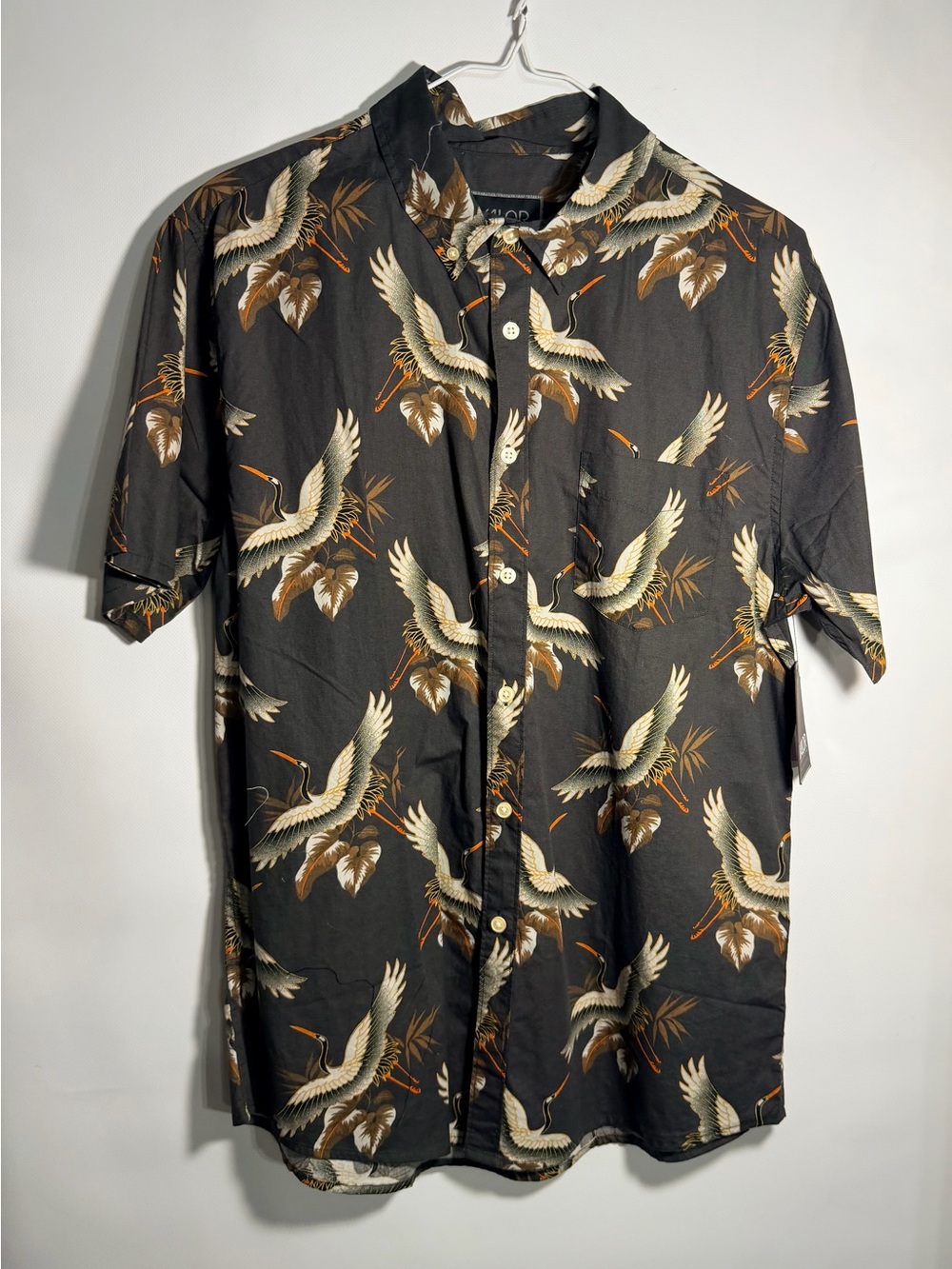 Casual Black Crane-Print Button-Down Shirt